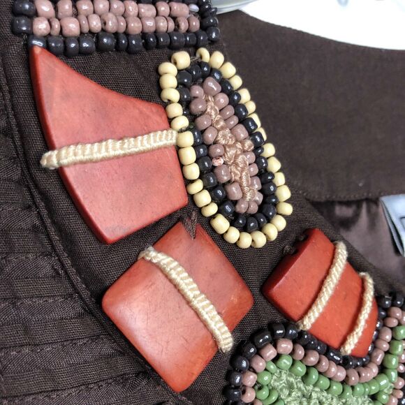 Chico’s Wms Large Brown Pin Tuck Tribal Jacket Shacket Beaded Neckline Career - Picture 7 of 12